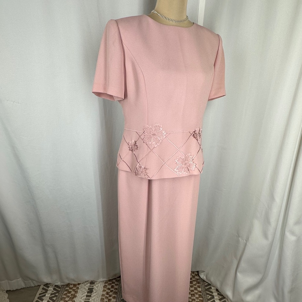 Vintage Papell Petites Pink Beaded Floral Maxi Dress 10P 90s Formal Evening